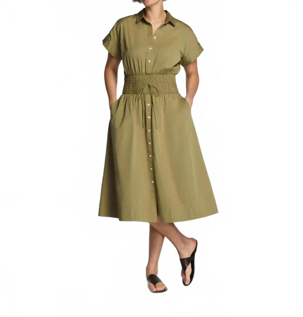 NEW SPANX poplin smocked midi shirt dress in olive branch